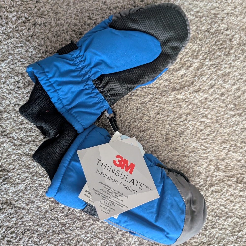 New! Boys 3M Thinsulate Blue and Gray Insulated Mittens Size 4-7 Gloves